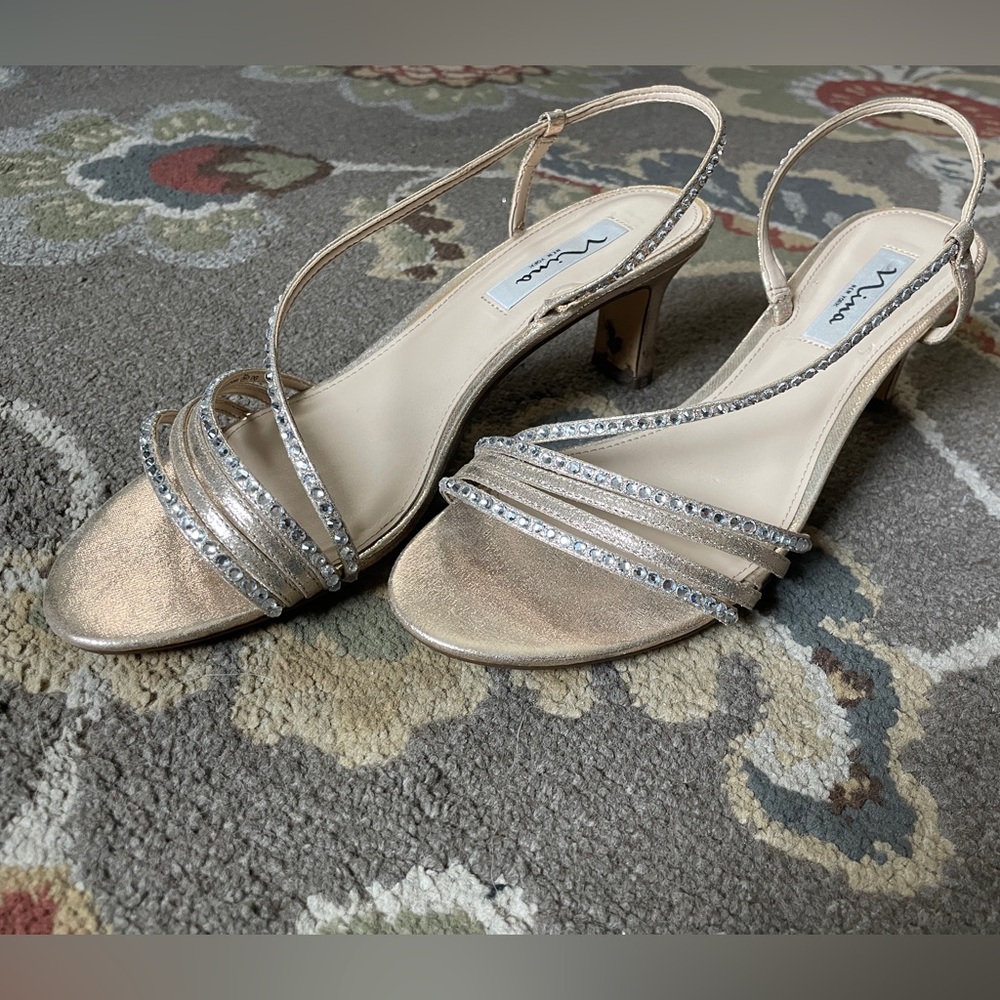 Nina Women's Gold Heels with Rhinestone Straps